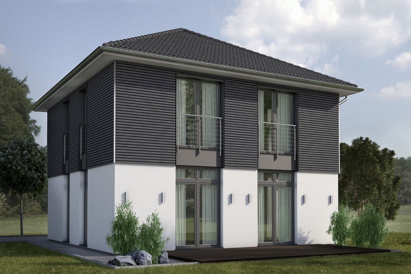 Ansicht des Gebäudes mit einer WPC Fassade von Osmo.